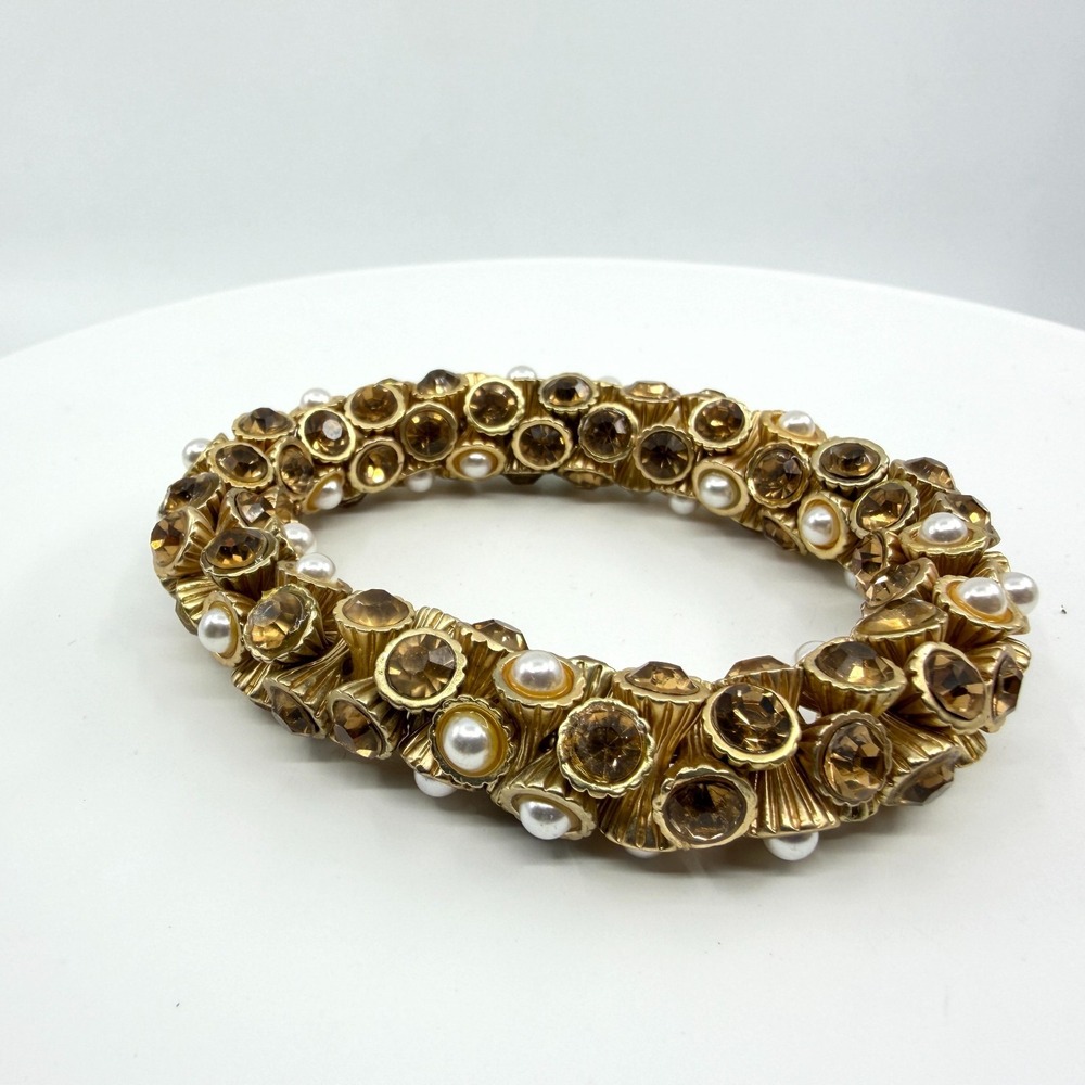 Gold Tone Brown Crystal & Faux Pearl Stretch Bracelet Statement Boho Accessory